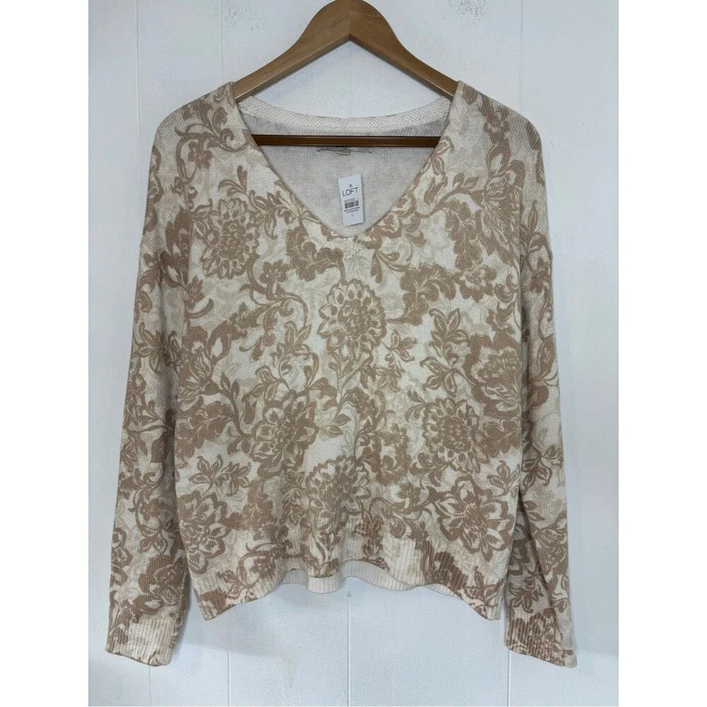 NWT Loft Floral V-Neck Cotton Sweater Beige Boho Earthy Neutral Women’s Small